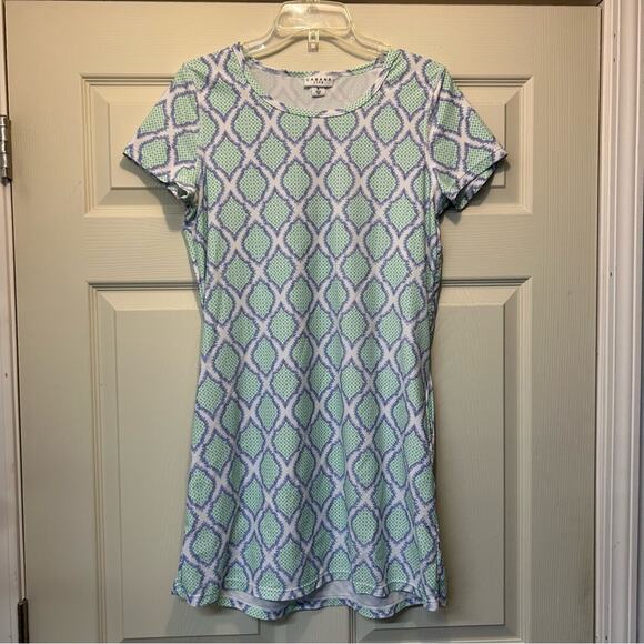 Cabana Life T-Shirt Dress in Cabana Coast White Green Purple Lattice Print Sz M - Picture 3 of 7